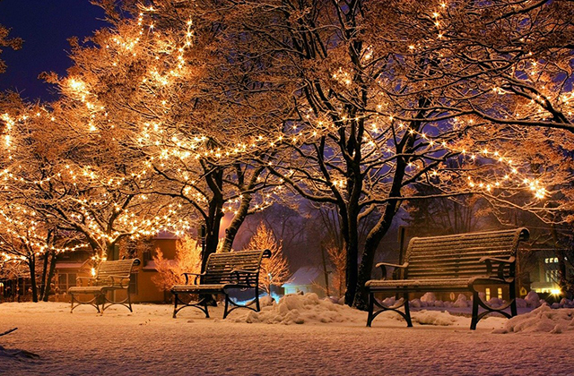 Parkbank im Schnee mit Lichterketten